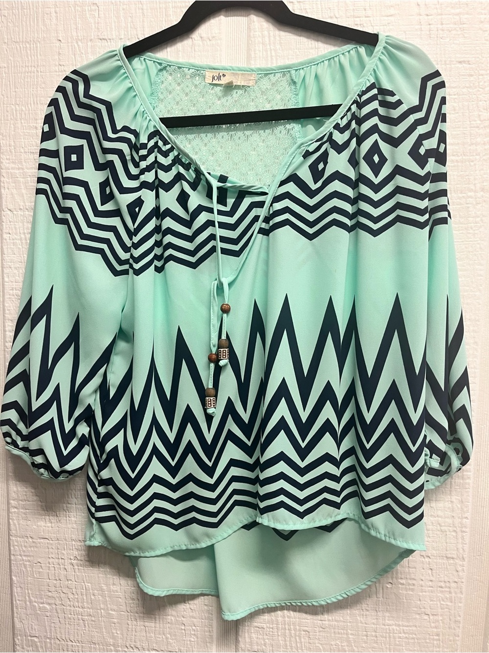 Jolt Mint and Navy Chevron Peasant Blouse